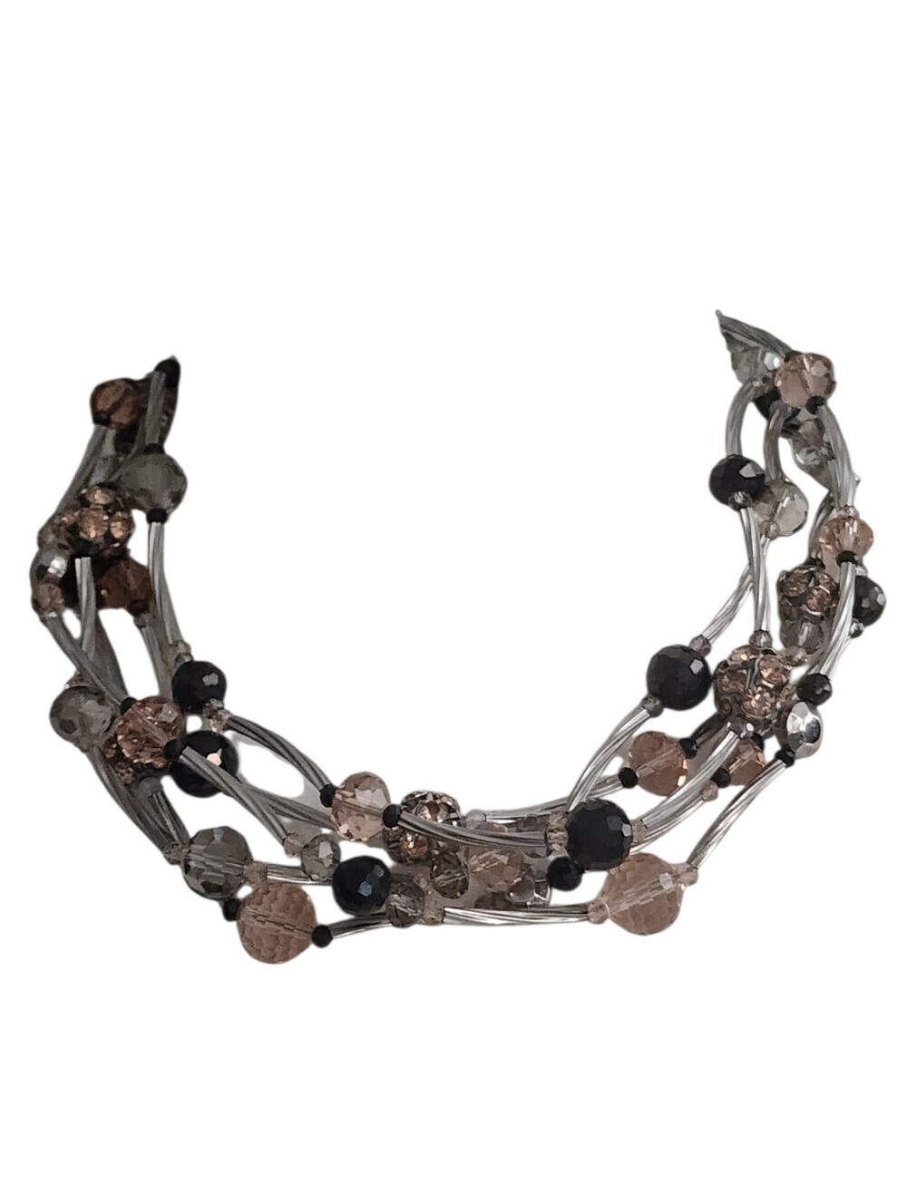 Silvertone Pink Black Beaded Statement Necklace Multi Strand